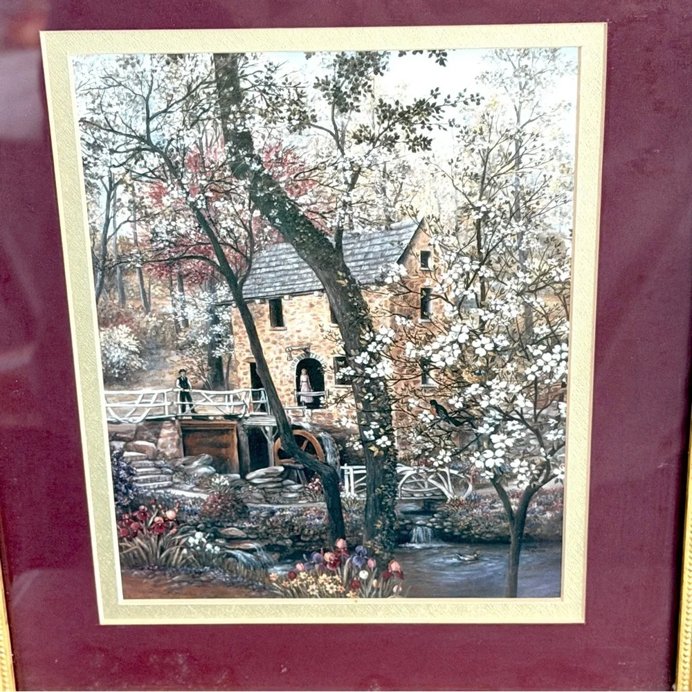 Old Mill Stream Cottage Glynda Turley Vintage Print Ornate Gold Framed Wall Art